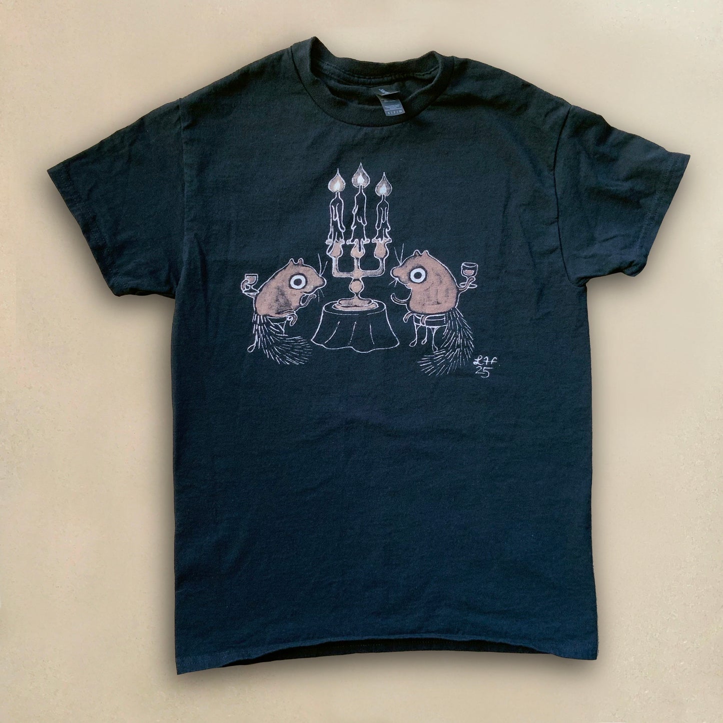 Candlelit Romance Squirrels - Small Bleach Painted T-Shirt