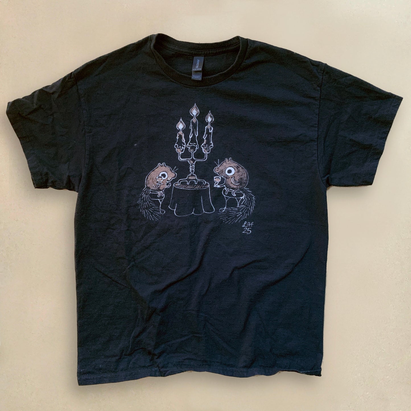 Candlelit Romance Squirrels - Large Bleach Painted T-Shirt