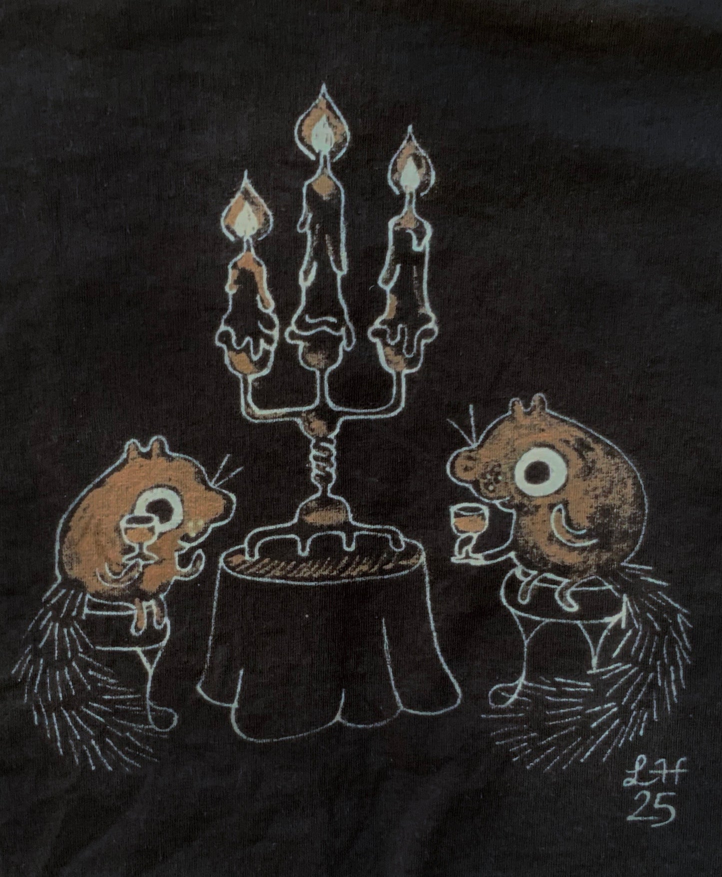 Candlelit Romance Squirrels - Large Bleach Painted T-Shirt