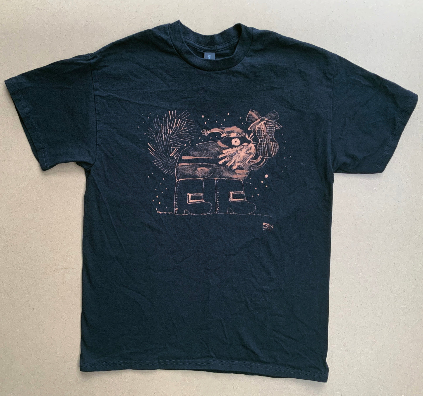 Big Boot Santa Squirrel - Medium Bleach Painted T-Shirt