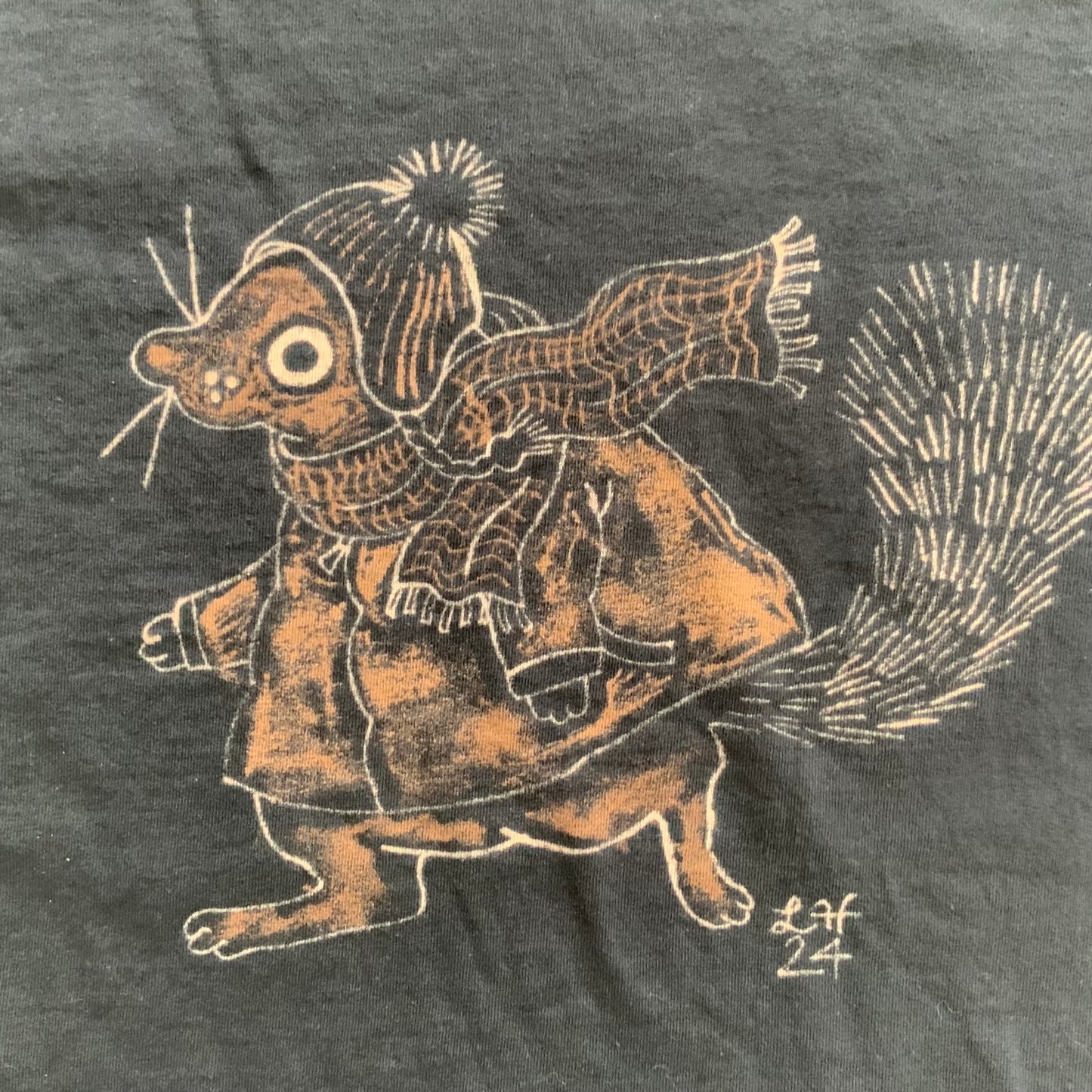 Bundled Up Squirrel - Large Bleach Painted T-Shirt