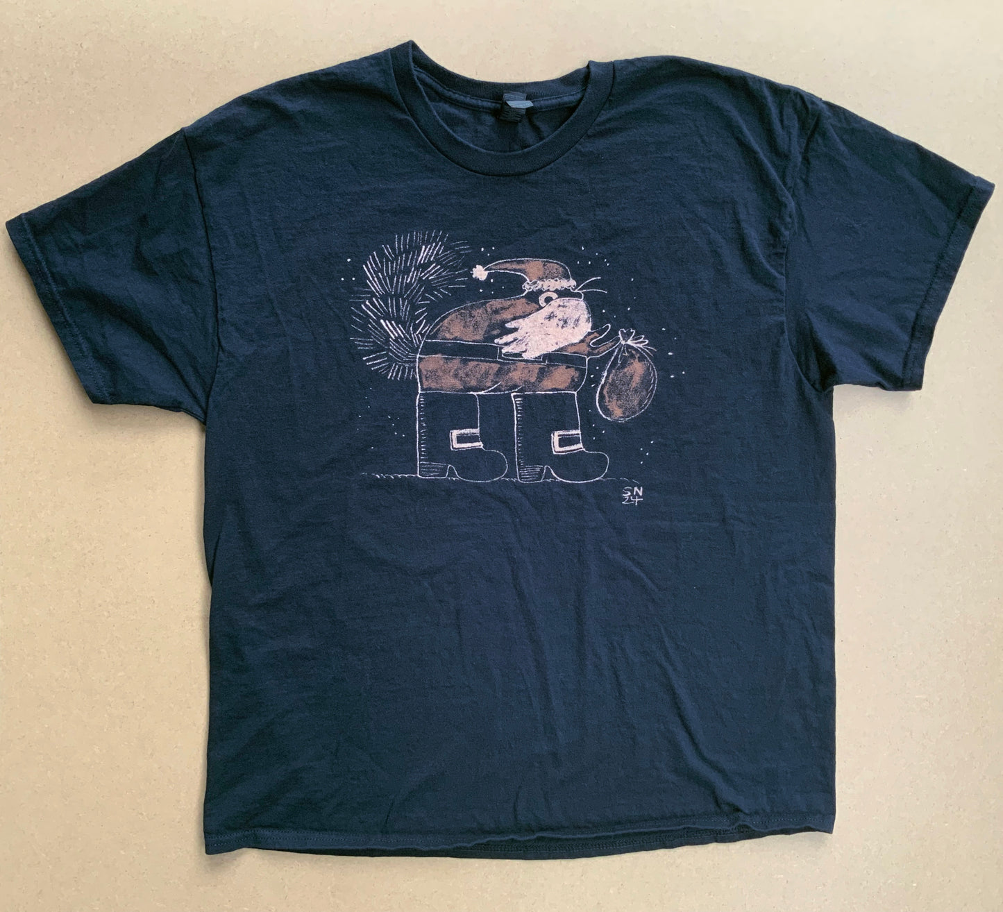 Big Boot Santa Squirrel - XL Bleach Painted T-Shirt