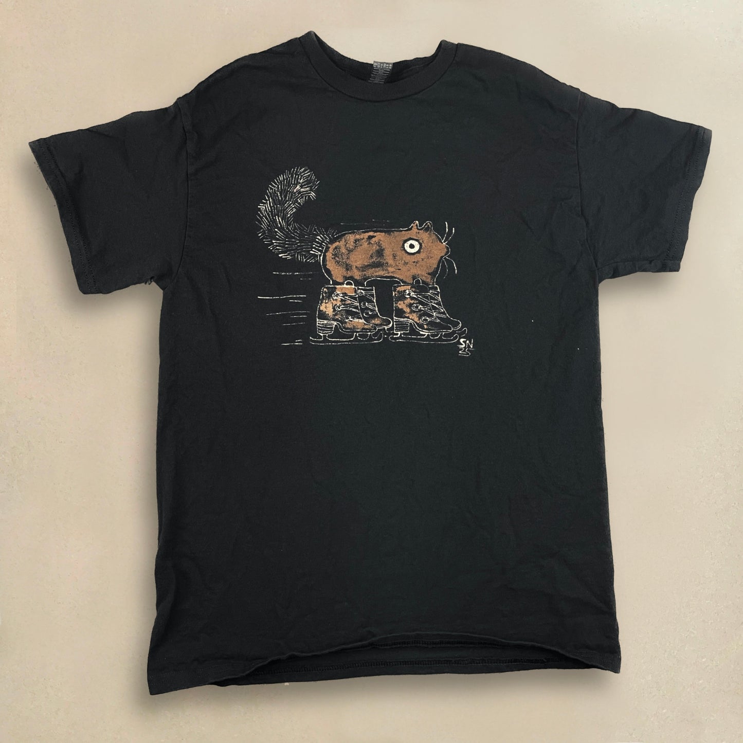 Ice Skating Squirrel - Medium Bleach-Painted T-Shirt