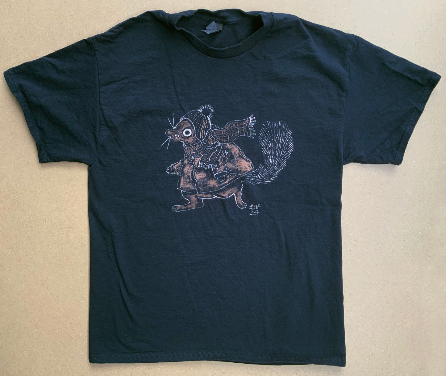 Bundled Up Squirrel - Large Bleach Painted T-Shirt