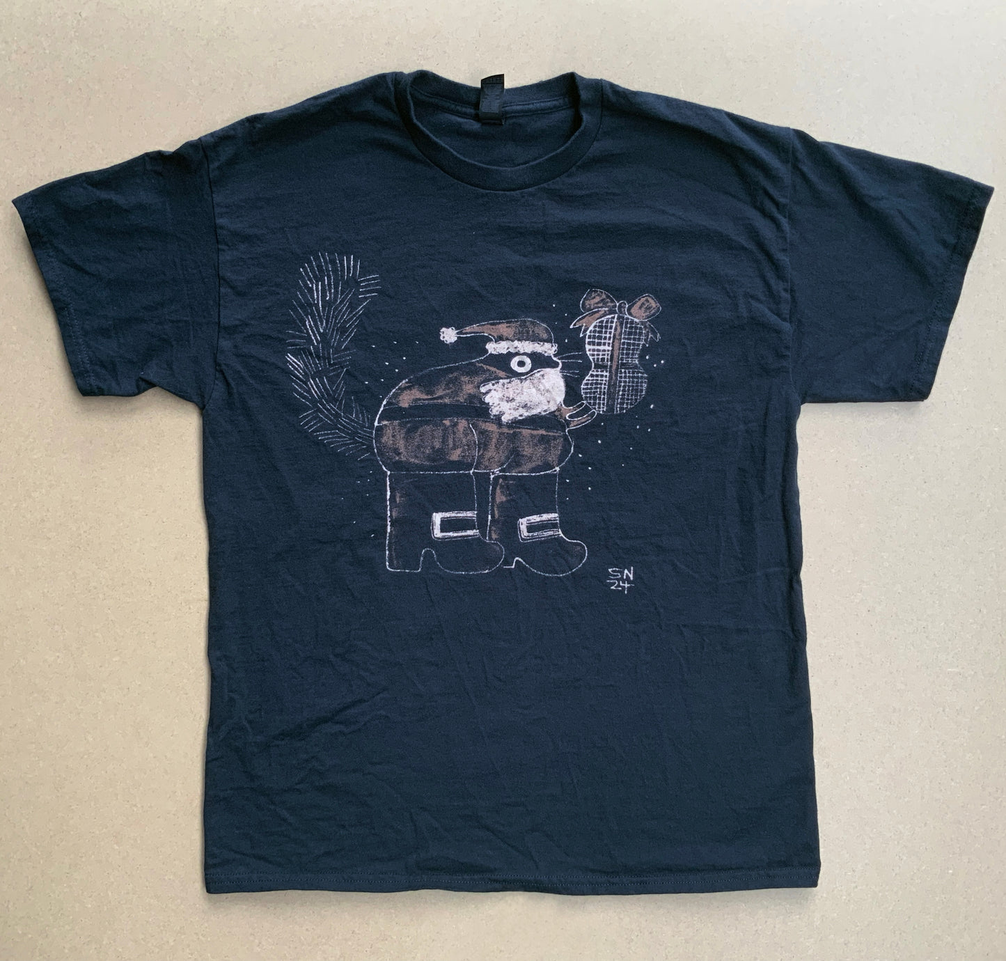 Big Boots Santa Squirrel - Large Bleach Painted T-Shirt