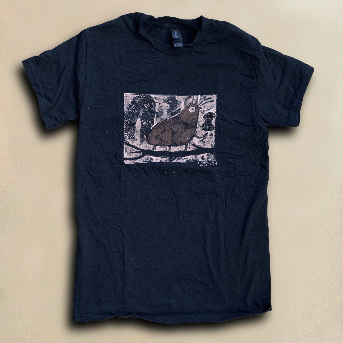 Faux Block Print Squirrel - Small Bleach-Painted T-Shirt