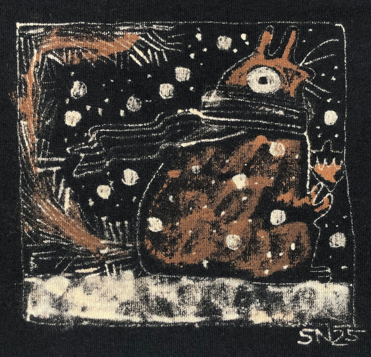 Snowy Scarf Squirrel Square - Large Bleach-Painted T-Shirt