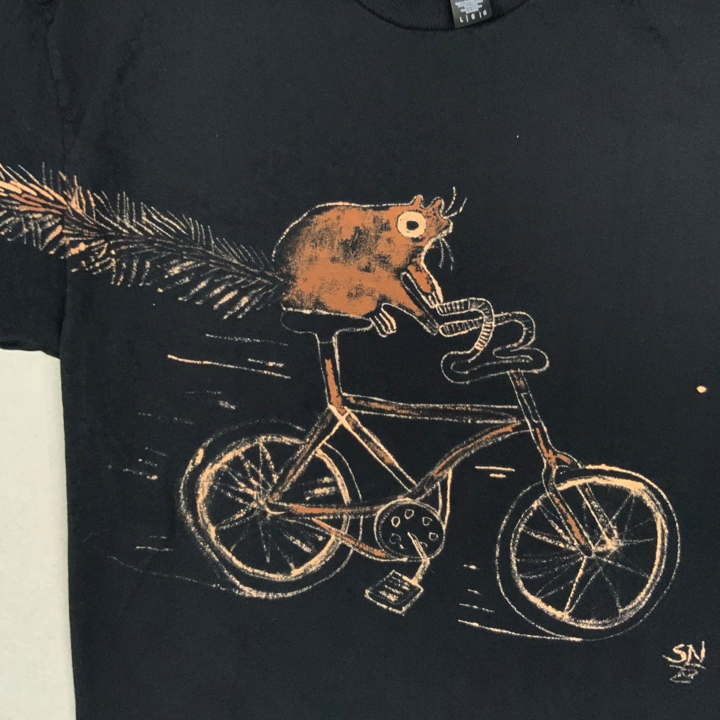 Bicycle Squirrel - Large Bleach-Painted T-Shirt